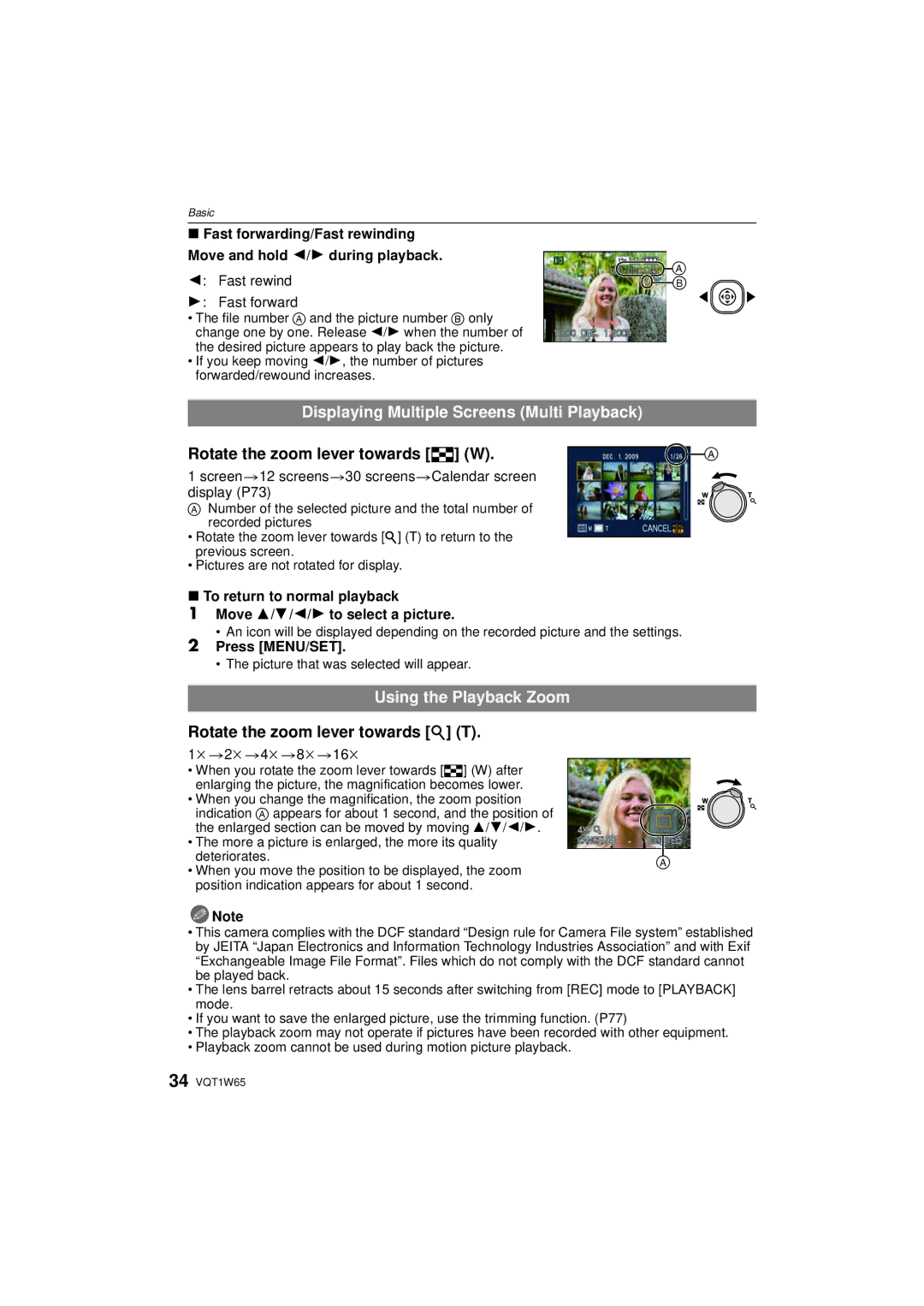 Panasonic DMC-FS25 Displaying Multiple Screens Multi Playback, Rotate the zoom lever towards L W, Using the Playback Zoom 