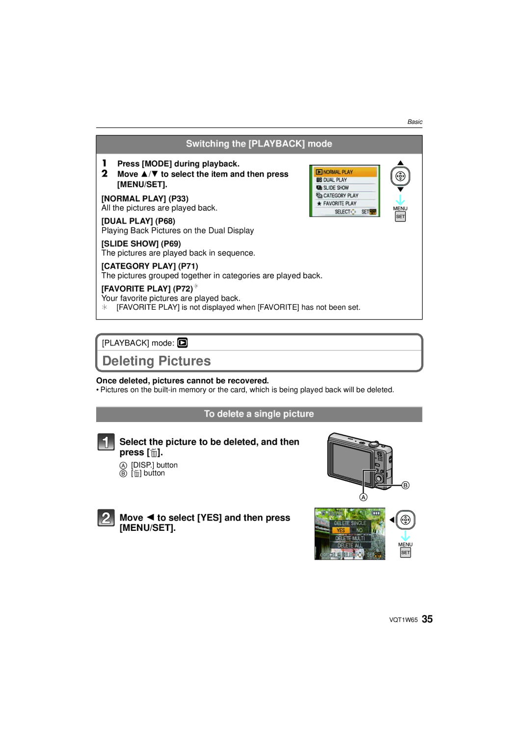 Panasonic DMC-FS25 operating instructions Deleting Pictures, Switching the Playback mode, To delete a single picture 