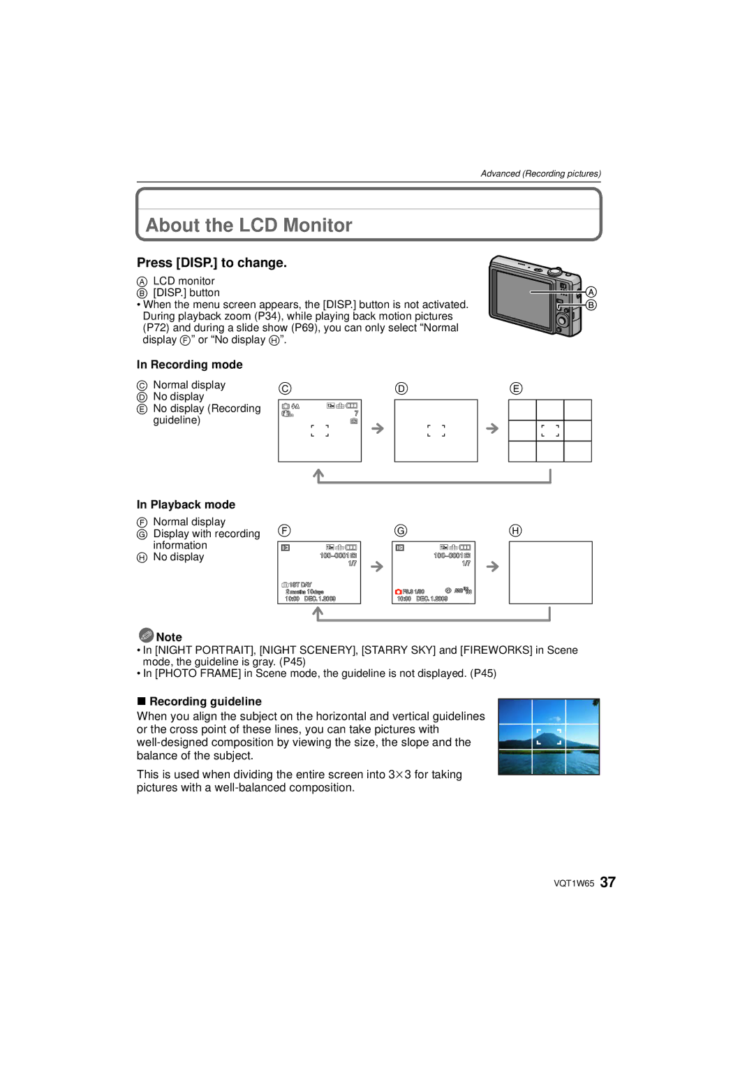 Panasonic DMC-FS25 About the LCD Monitor, Press DISP. to change, Recording mode, Playback mode, Recording guideline 