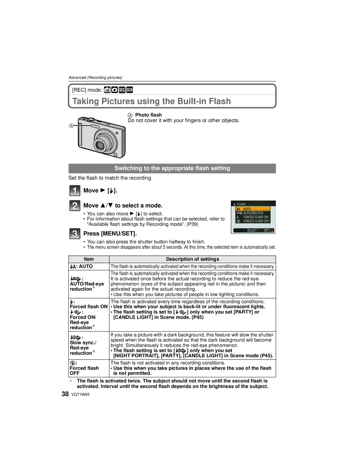 Panasonic DMC-FS25 Taking Pictures using the Built-in Flash, Switching to the appropriate flash setting 