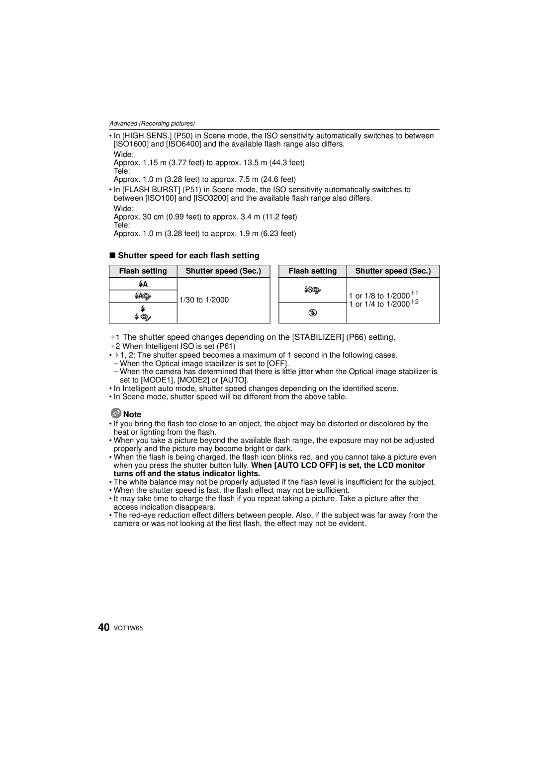 Panasonic DMC-FS25 Shutter speed for each flash setting, Flash setting Shutter speed Sec, 30 to 1/2000 