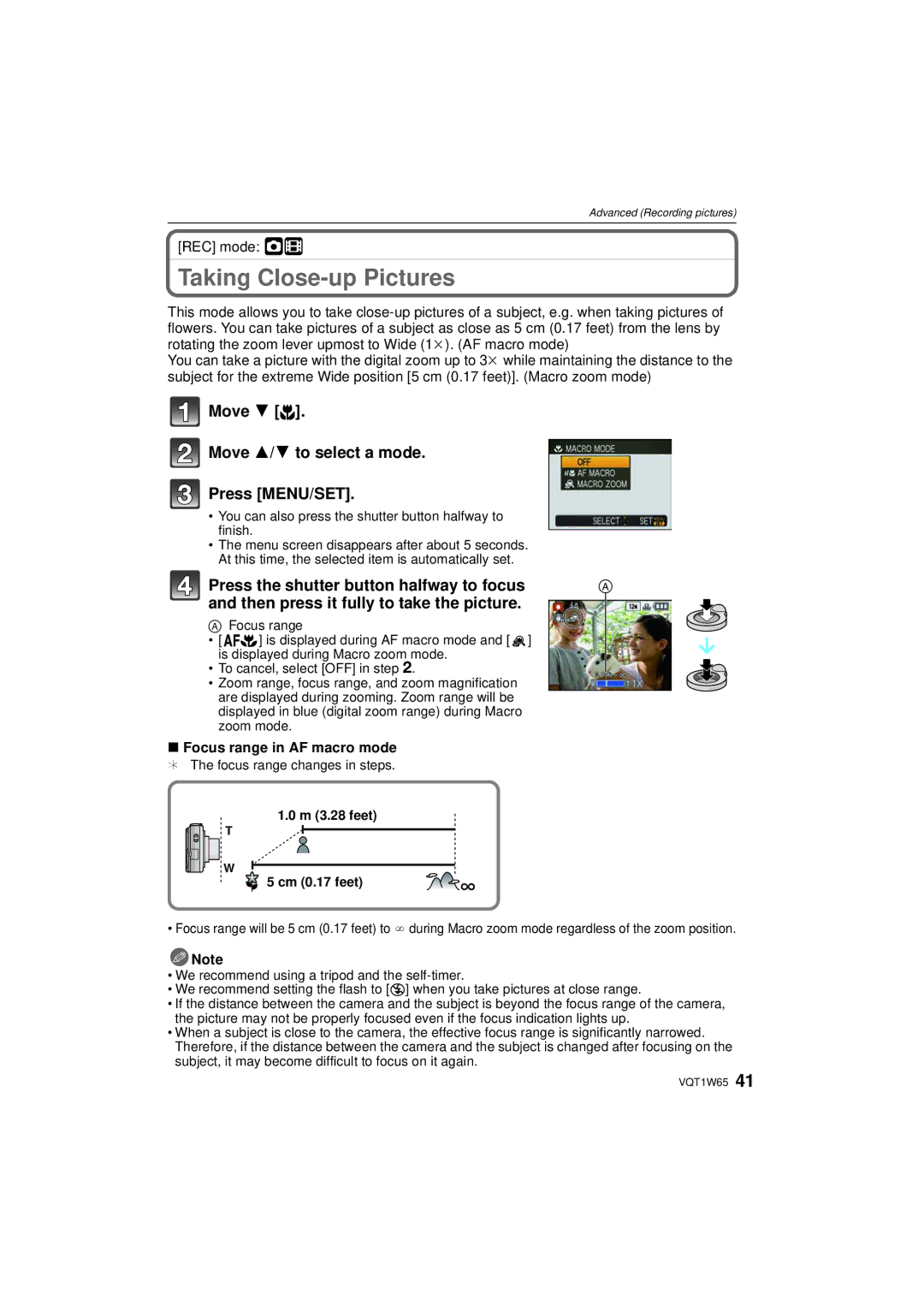 Panasonic DMC-FS25 Taking Close-up Pictures, Move 4 # Move 3/4 to select a mode Press MENU/SET, REC mode ·n, Zoom mode 