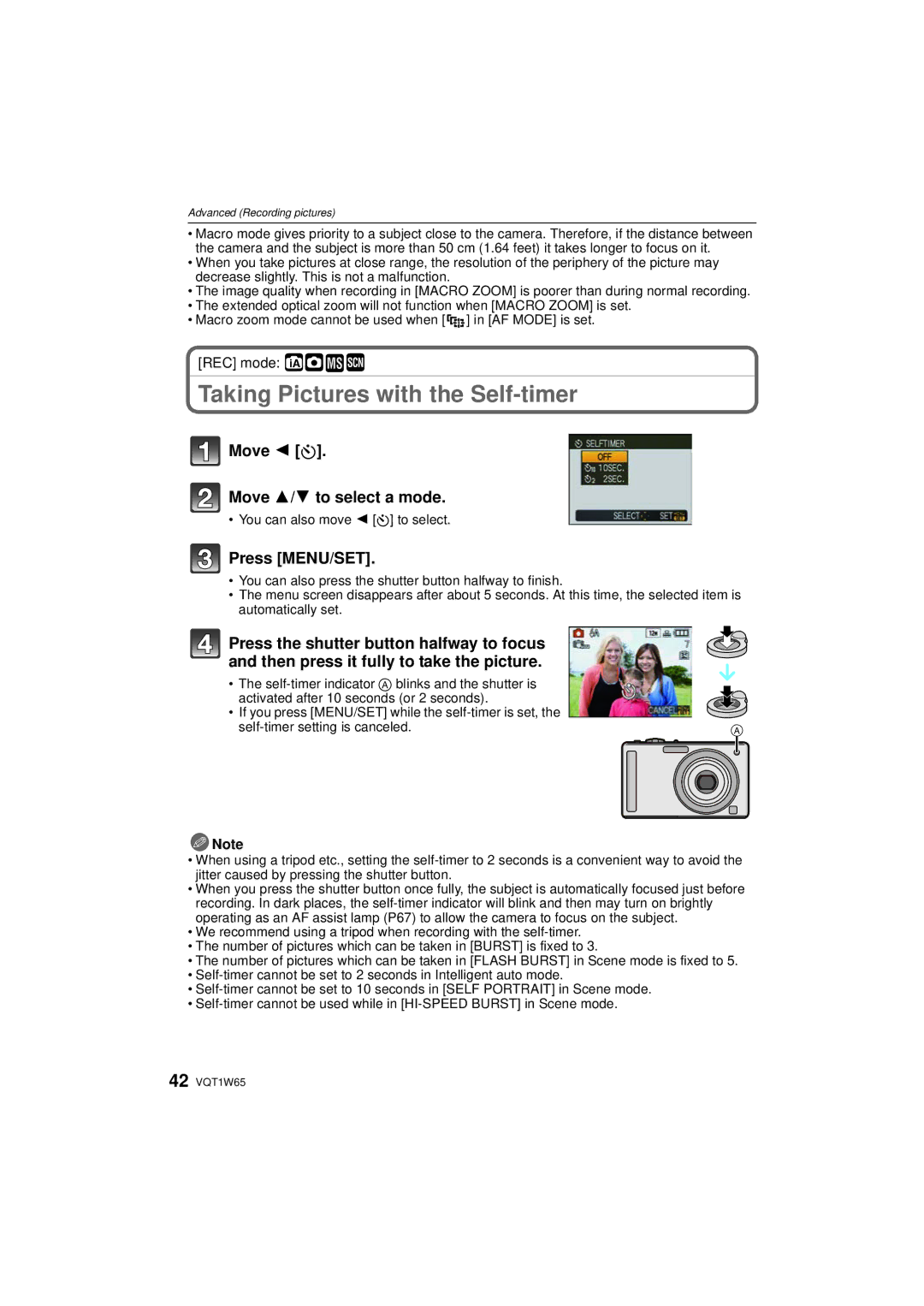 Panasonic DMC-FS25 operating instructions Taking Pictures with the Self-timer, Move 2 ë Move 3/4 to select a mode 