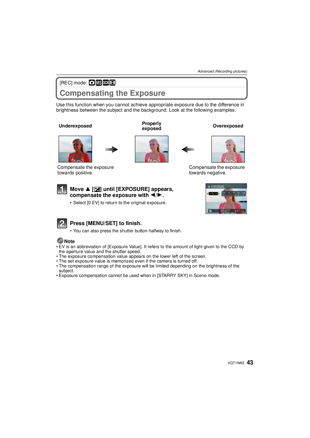 Panasonic DMC-FS25 operating instructions Compensating the Exposure, Press MENU/SET to finish, Properly, Exposed 