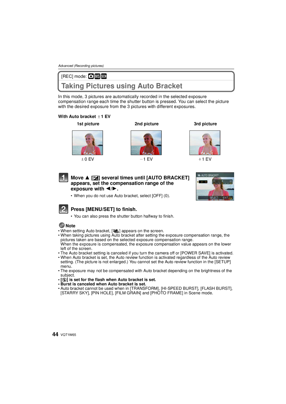 Panasonic DMC-FS25 Taking Pictures using Auto Bracket, REC mode · ¿, With Auto bracket d1 EV 1st picture 2nd picture 