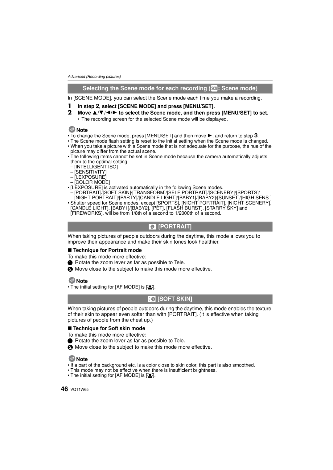 Panasonic DMC-FS25 operating instructions Selecting the Scene mode for each recording ¿ Scene mode, Portrait, + Soft Skin 