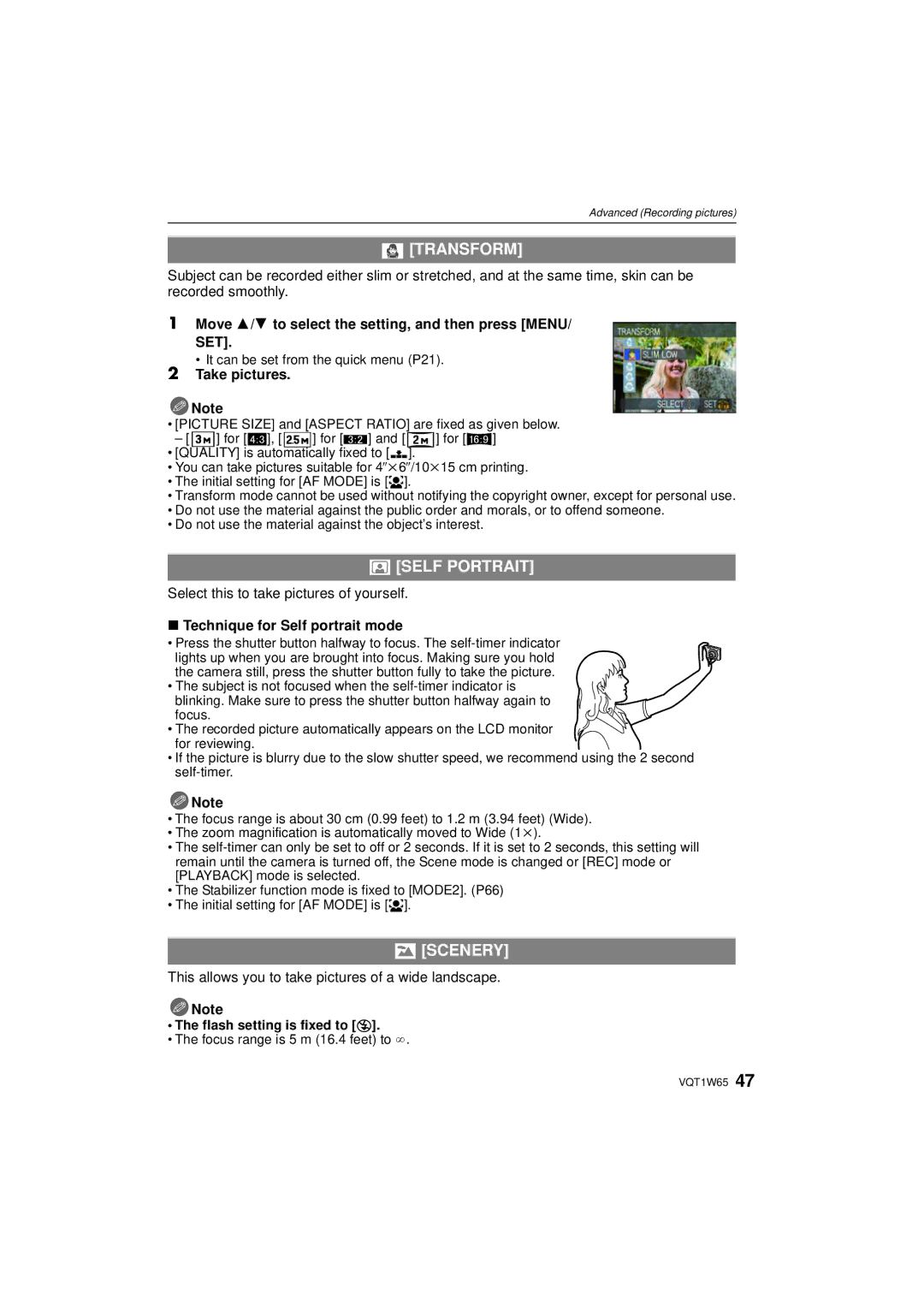 Panasonic DMC-FS25 operating instructions Transform, Self Portrait, Scenery, Set 