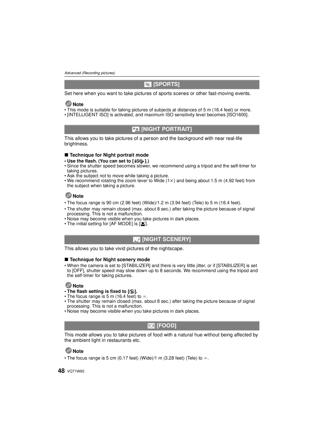 Panasonic DMC-FS25 operating instructions Sports, Night Portrait, Night Scenery, Food 