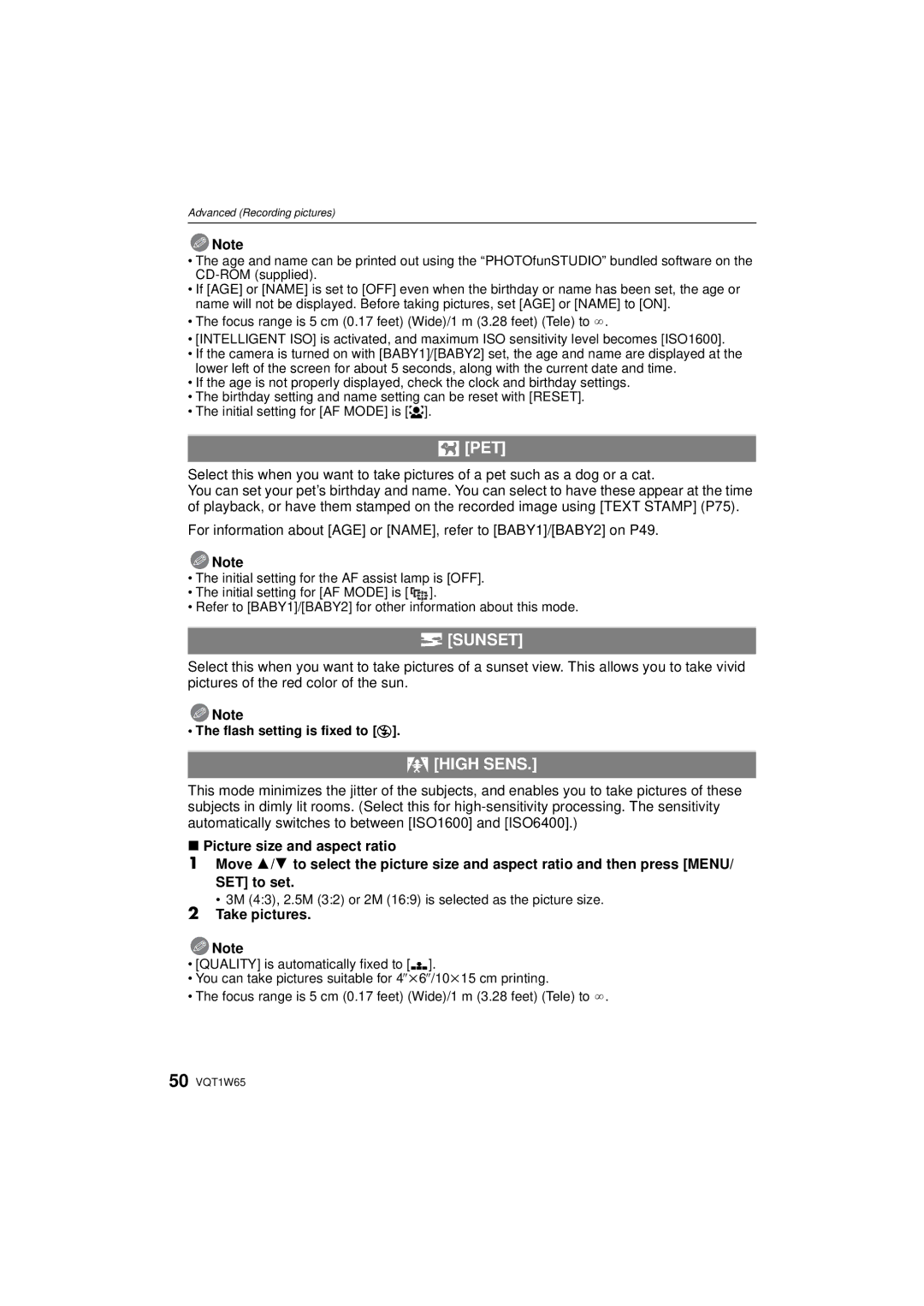 Panasonic DMC-FS25 operating instructions Pet, Sunset, High Sens, 3M 43, 2.5M 32 or 2M 169 is selected as the picture size 