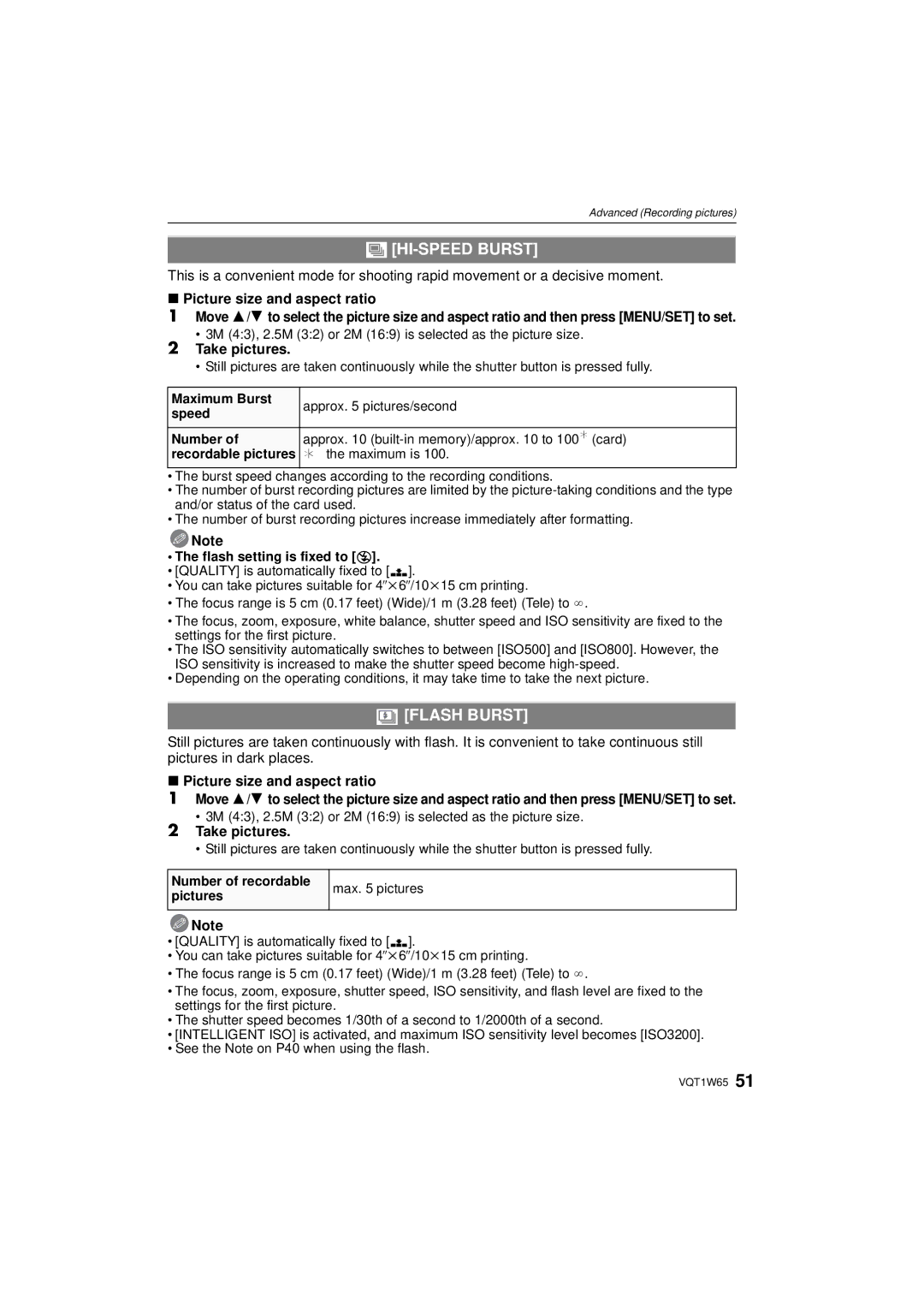 Panasonic DMC-FS25 operating instructions HI-SPEED Burst, Flash Burst, Picture size and aspect ratio 