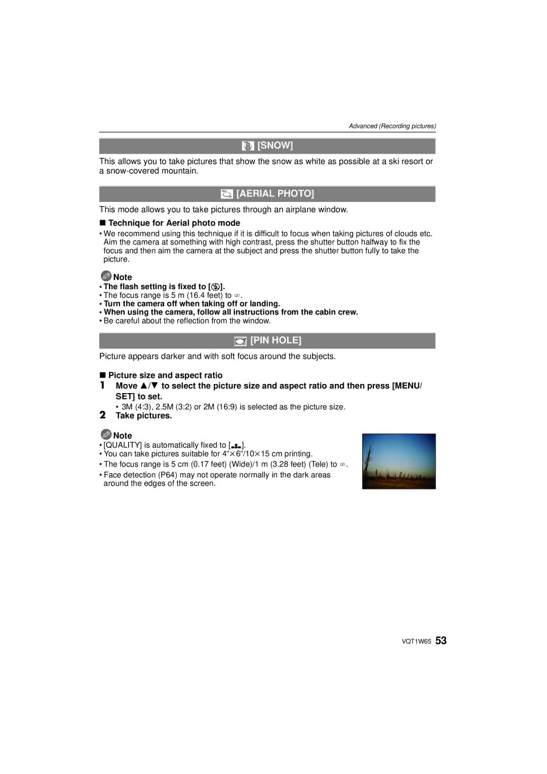 Panasonic DMC-FS25 operating instructions Snow, Aerial Photo, PIN Hole, Technique for Aerial photo mode 