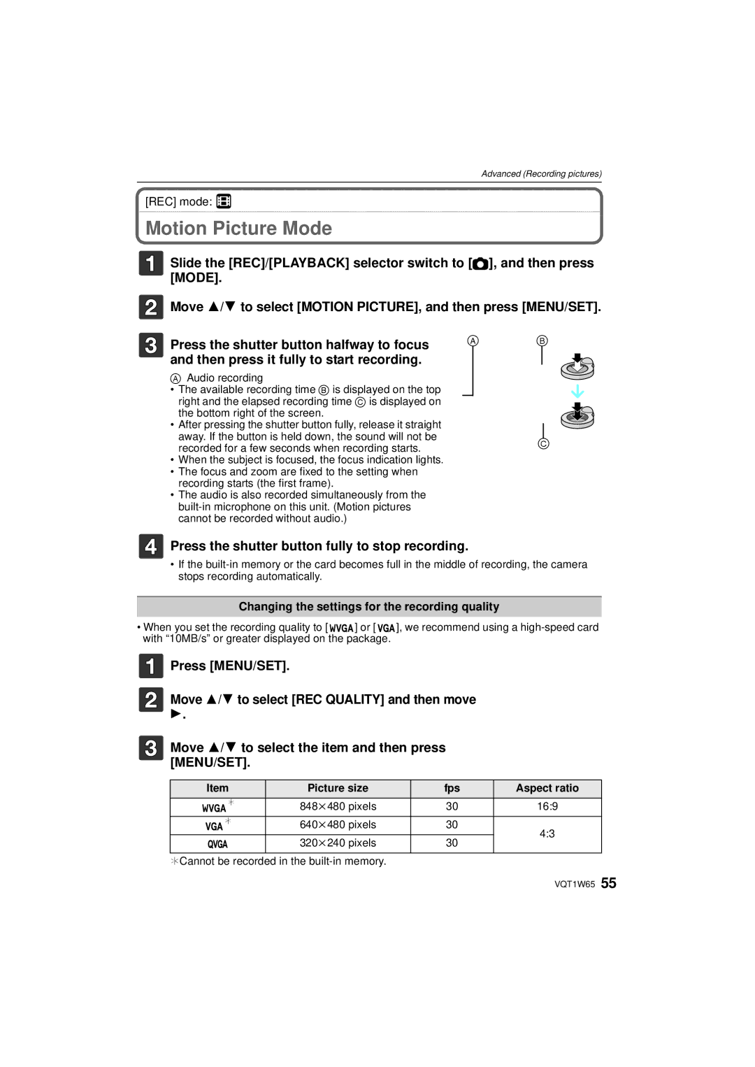 Panasonic DMC-FS25 operating instructions Motion Picture Mode, Press the shutter button fully to stop recording, REC mode n 