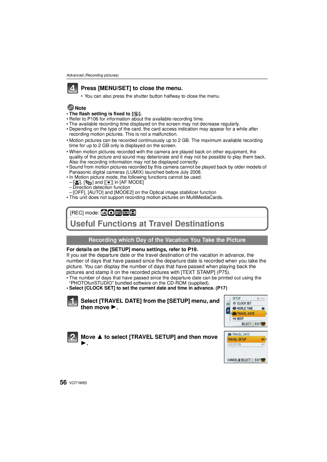 Panasonic DMC-FS25 Useful Functions at Travel Destinations, Recording which Day of the Vacation You Take the Picture 