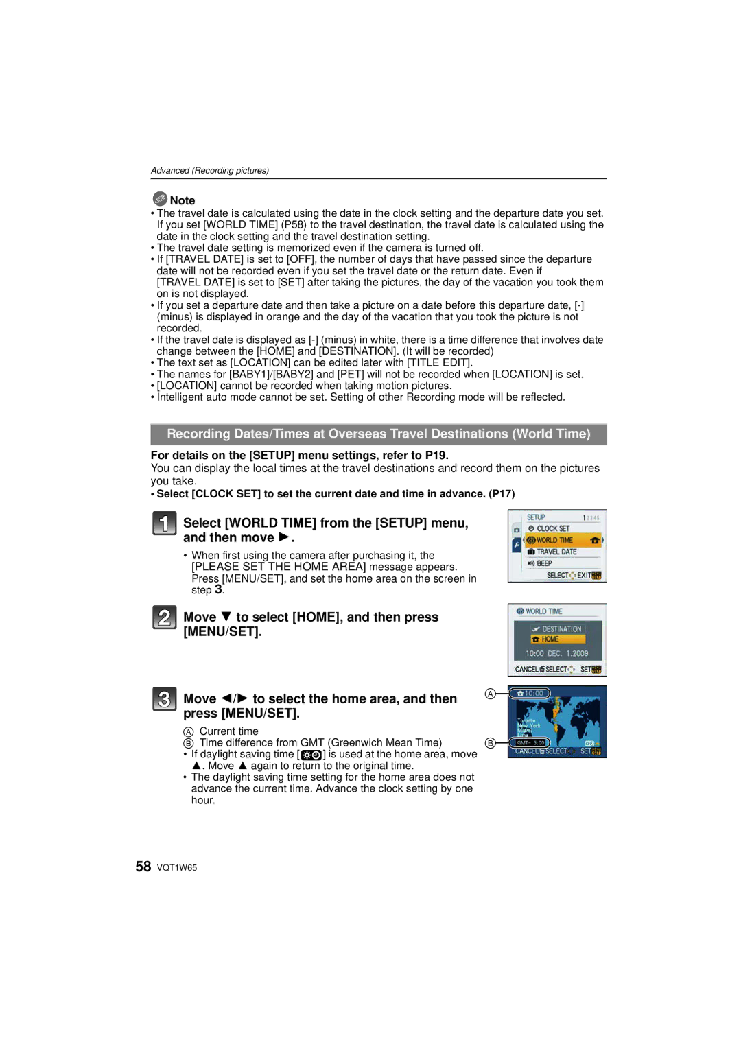 Panasonic DMC-FS25 operating instructions Select World Time from the Setup menu, and then move 