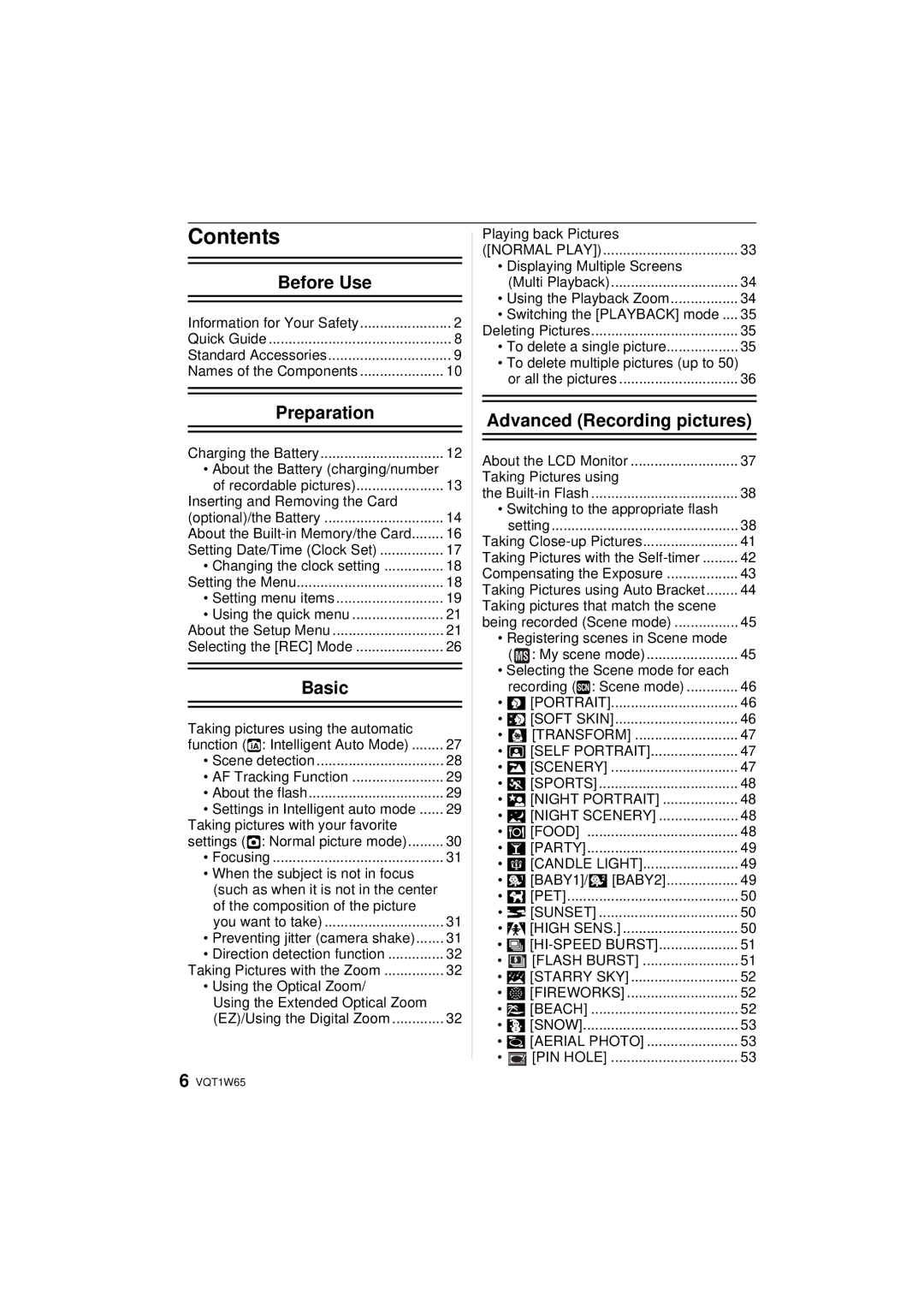 Panasonic DMC-FS25 operating instructions Contents 