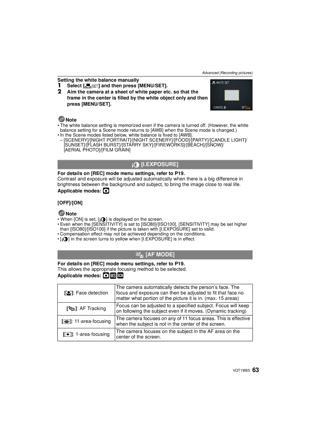 Panasonic DMC-FS25 operating instructions Exposure, AF AF Mode, Applicable modes · OFF/ON 