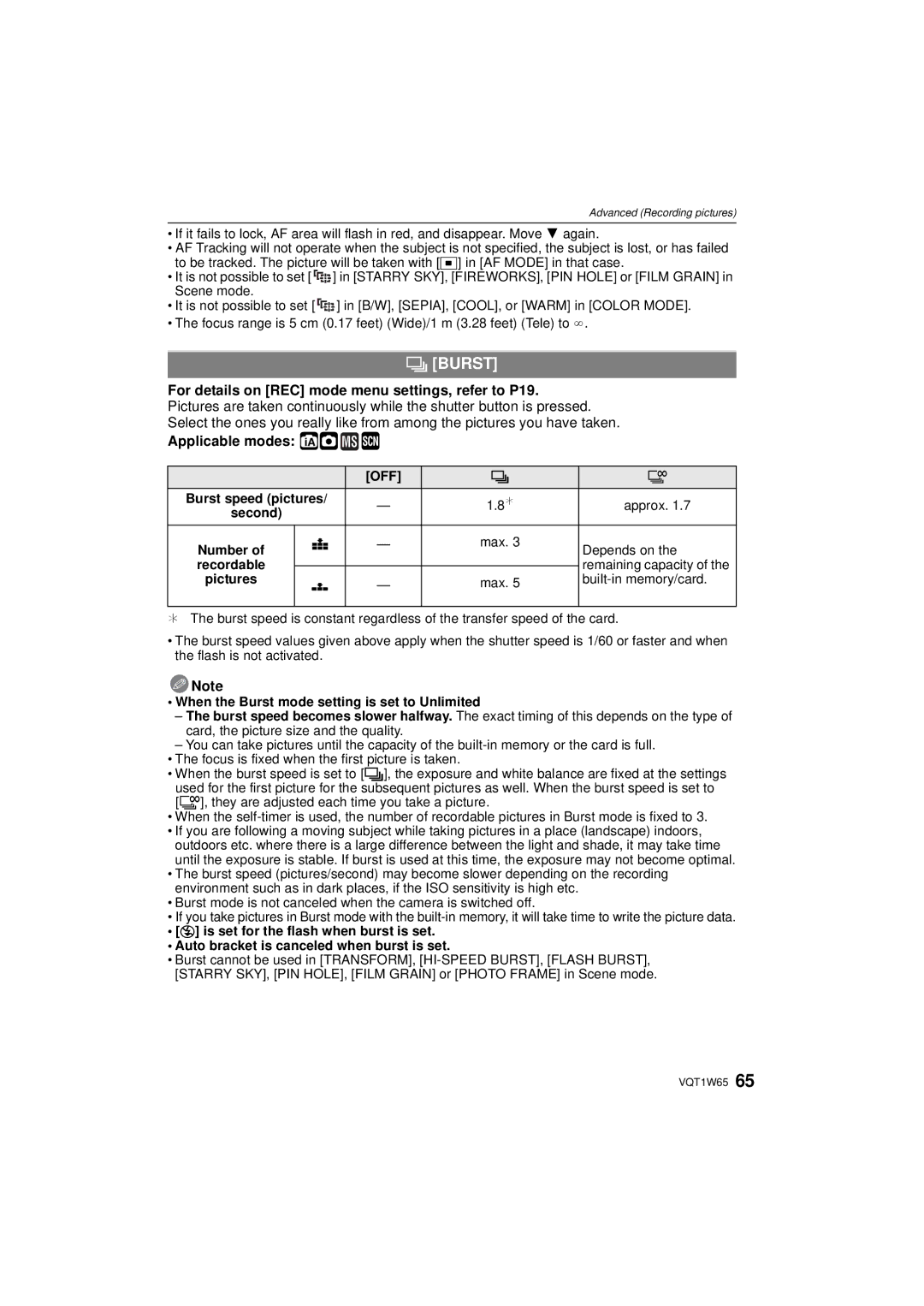 Panasonic DMC-FS25 operating instructions ˜ Burst, Max Depends on 