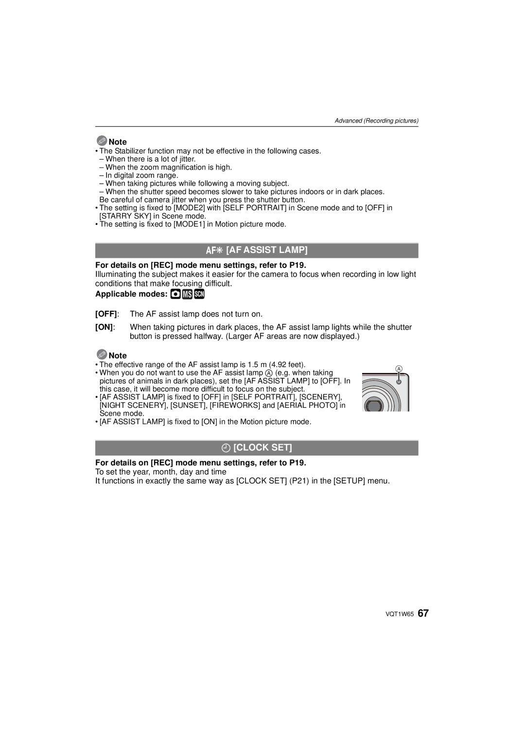 Panasonic DMC-FS25 operating instructions AF Assist Lamp, Clock SET 