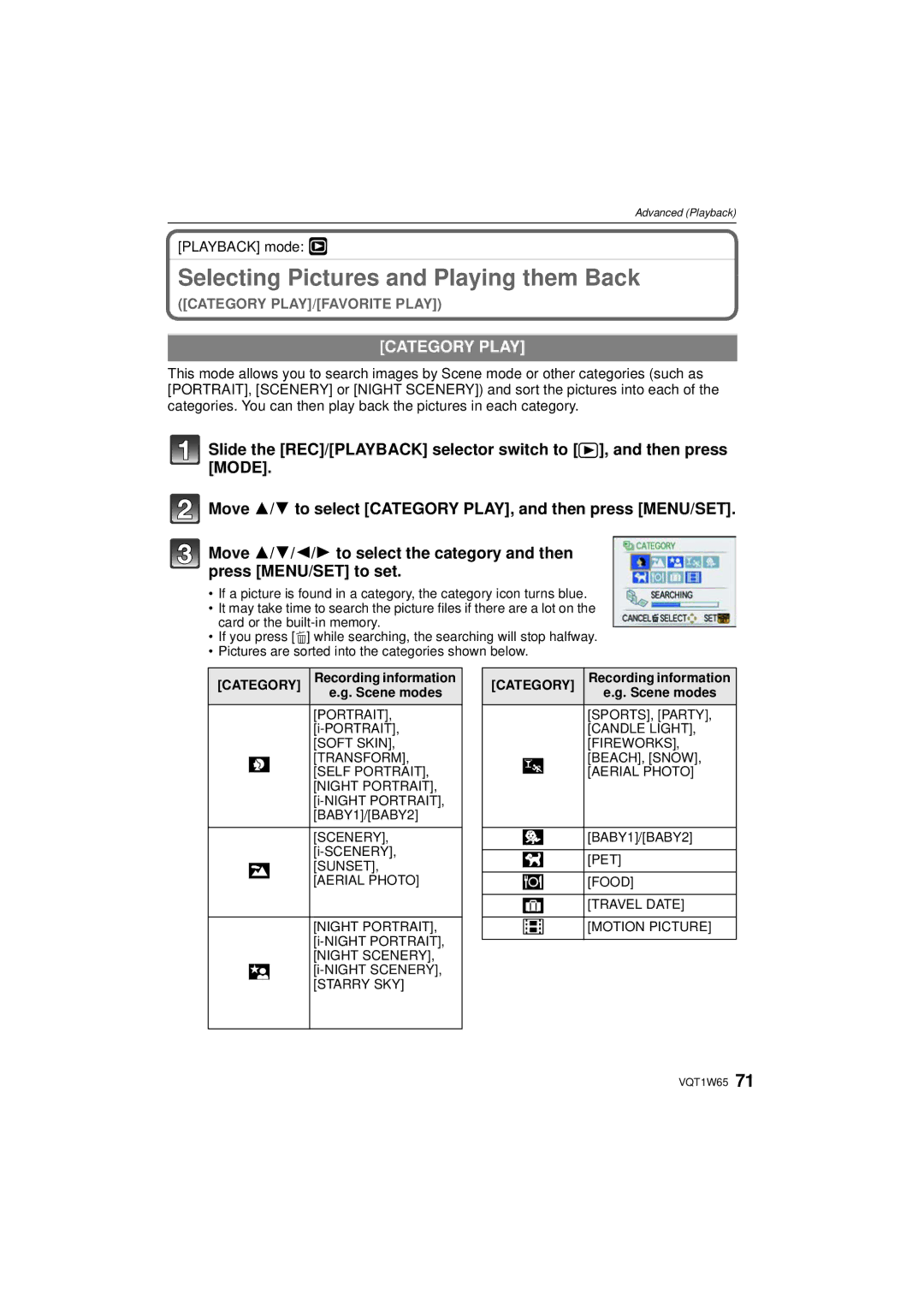 Panasonic DMC-FS25 Selecting Pictures and Playing them Back, Category Play, Recording information, Scene modes 