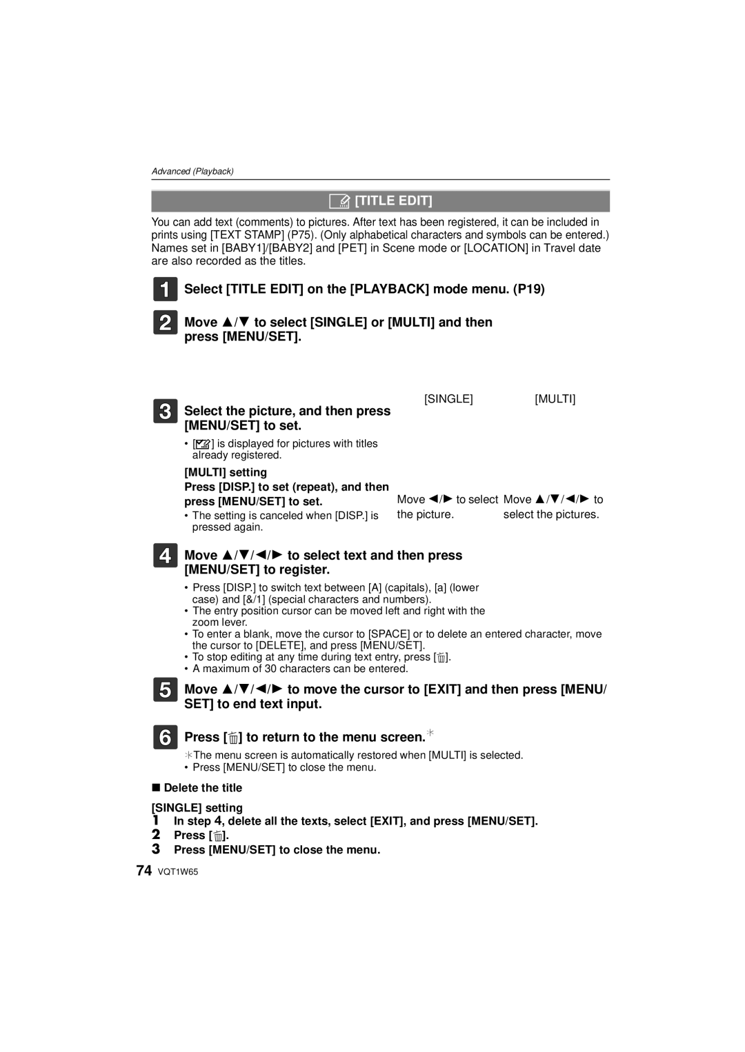 Panasonic DMC-FS25 Title Edit, Move 2/1 to select Move 3/4/2/1 to Picture, Setting is canceled when DISP. is pressed again 