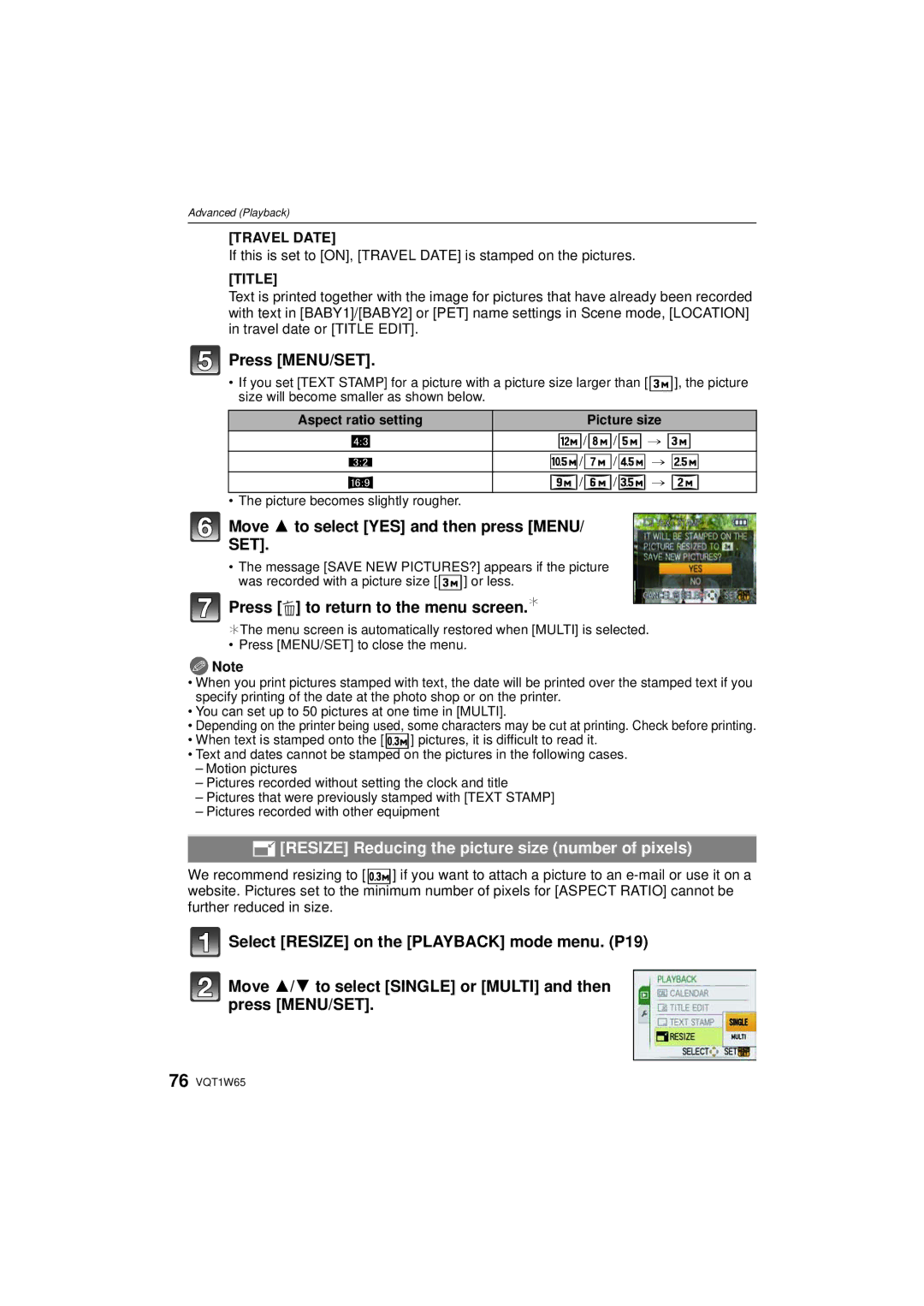 Panasonic DMC-FS25 Move 3 to select YES and then press Menu, Resize Reducing the picture size number of pixels, Title 