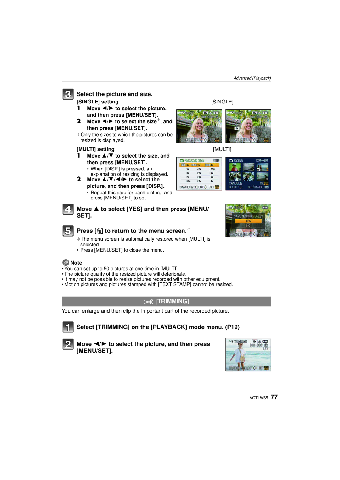 Panasonic DMC-FS25 operating instructions Select the picture and size, Trimming, Single, Multi 