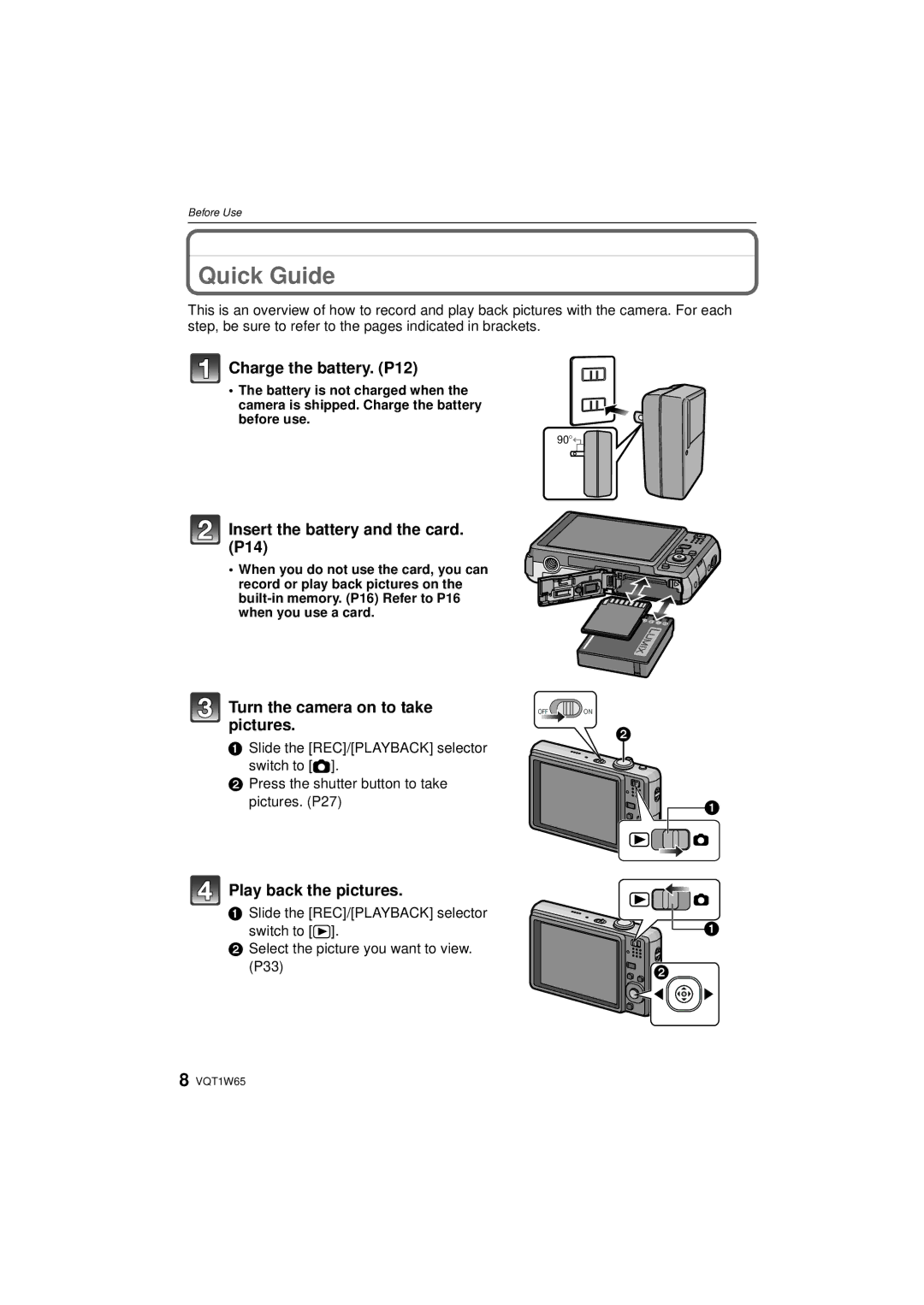 Panasonic DMC-FS25 Quick Guide, Charge the battery. P12, Insert the battery and the card. P14, Play back the pictures 