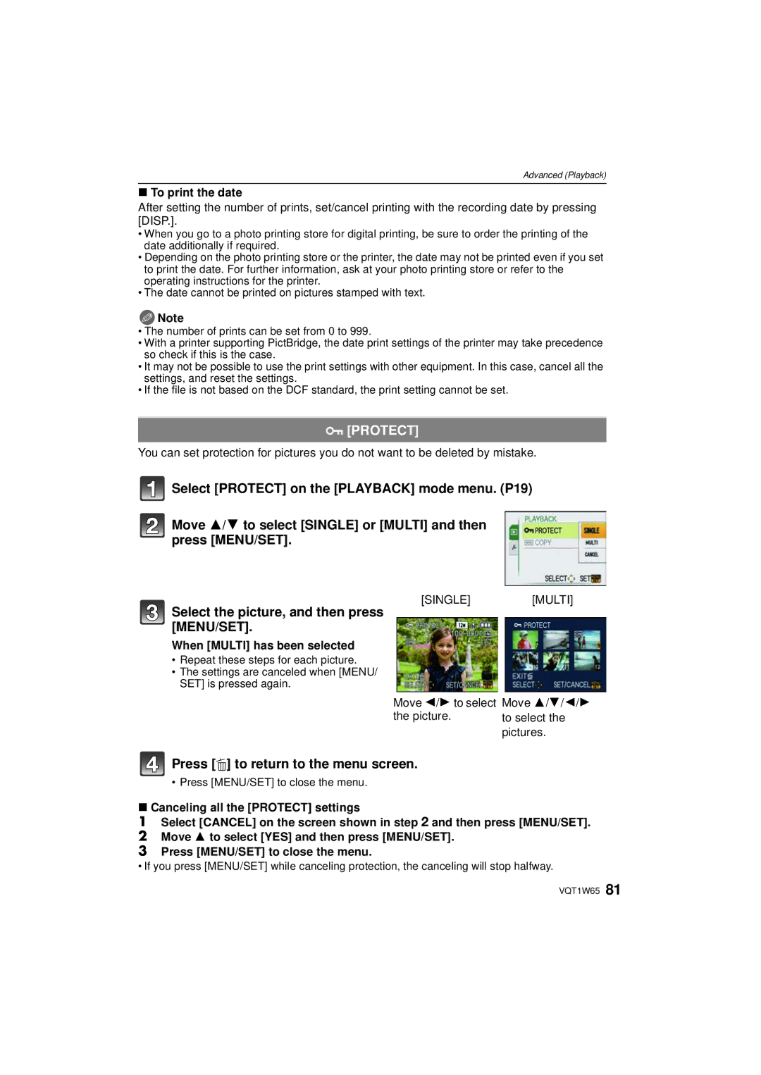 Panasonic DMC-FS25 operating instructions Protect, To print the date, When Multi has been selected 