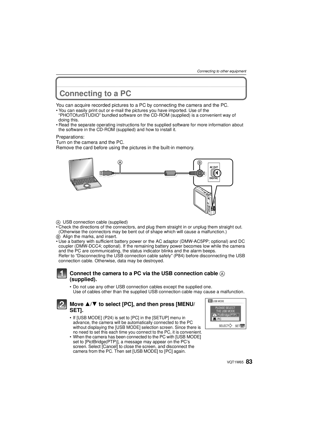 Panasonic DMC-FS25 Connecting to a PC, Move 3/4 to select PC, and then press Menu, USB connection cable supplied 