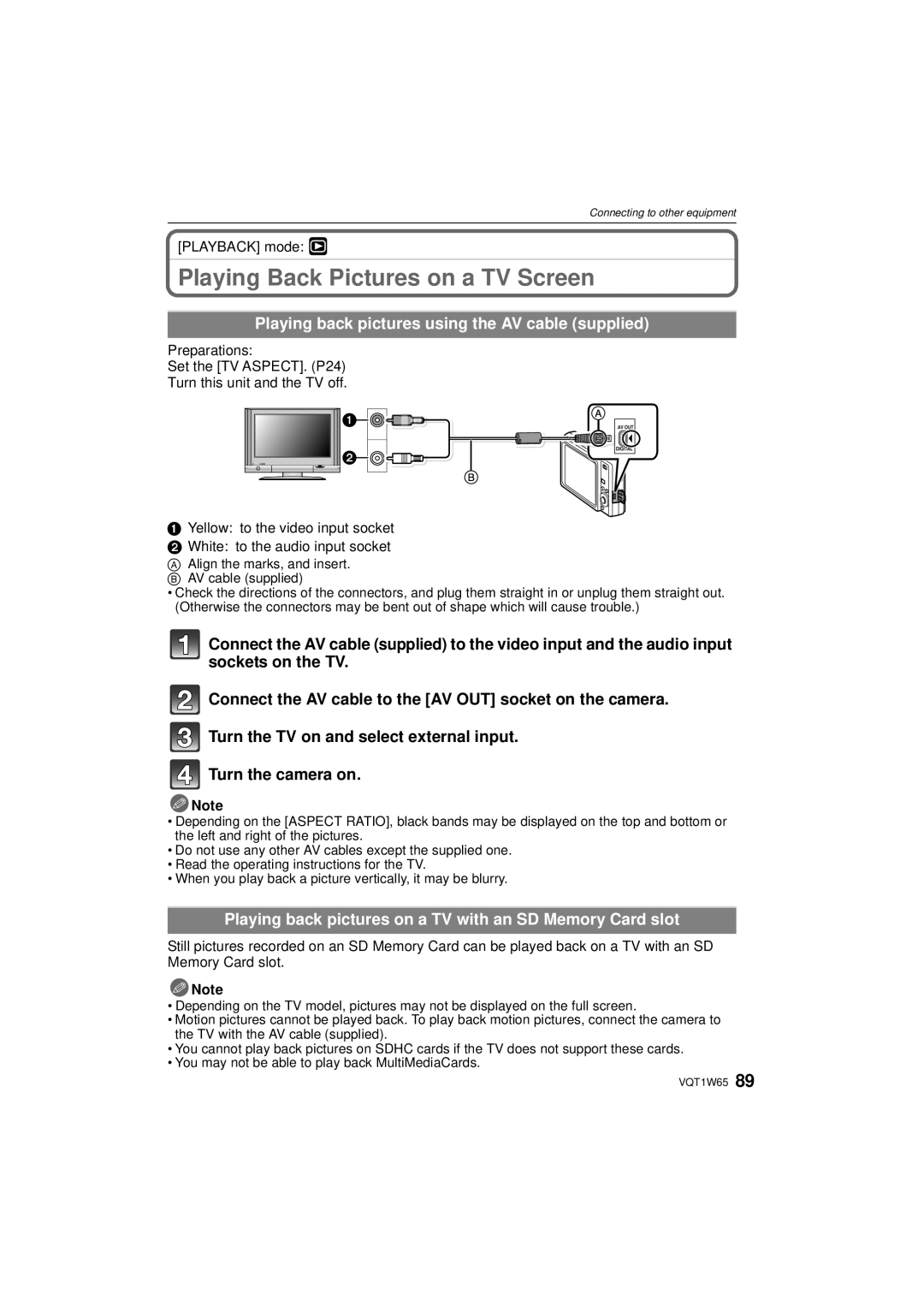 Panasonic DMC-FS25 Playing Back Pictures on a TV Screen, Playing back pictures using the AV cable supplied 