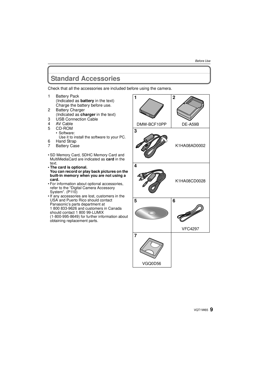 Panasonic DMC-FS25 Standard Accessories, Hand Strap Battery Case, DE-A59B, K1HA08AD0002 K1HA08CD0028 VFC4297 