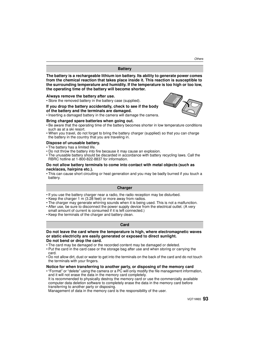 Panasonic DMC-FS25 Battery, Always remove the battery after use, Bring charged spare batteries when going out, Charger 