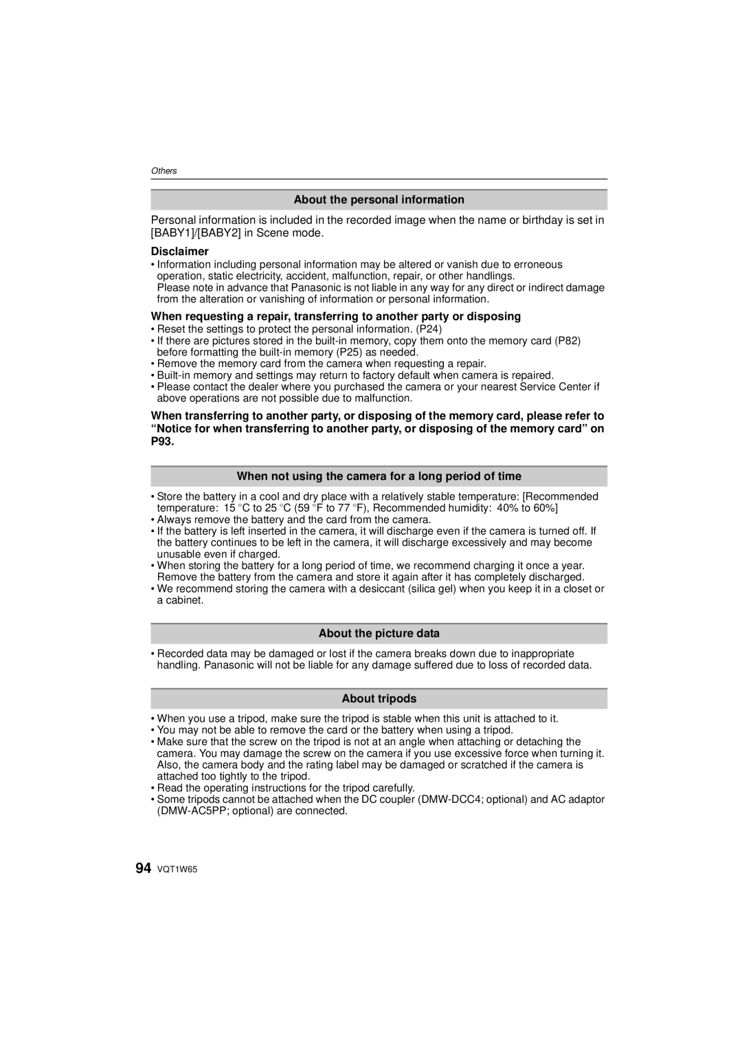 Panasonic DMC-FS25 operating instructions About the personal information, Disclaimer, About the picture data, About tripods 