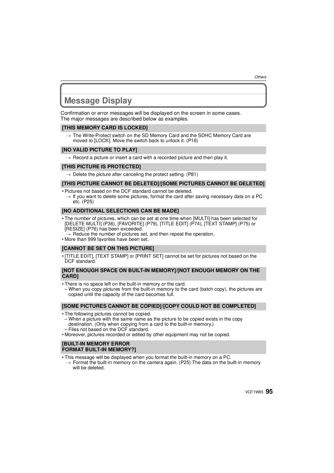 Panasonic DMC-FS25 operating instructions Message Display 