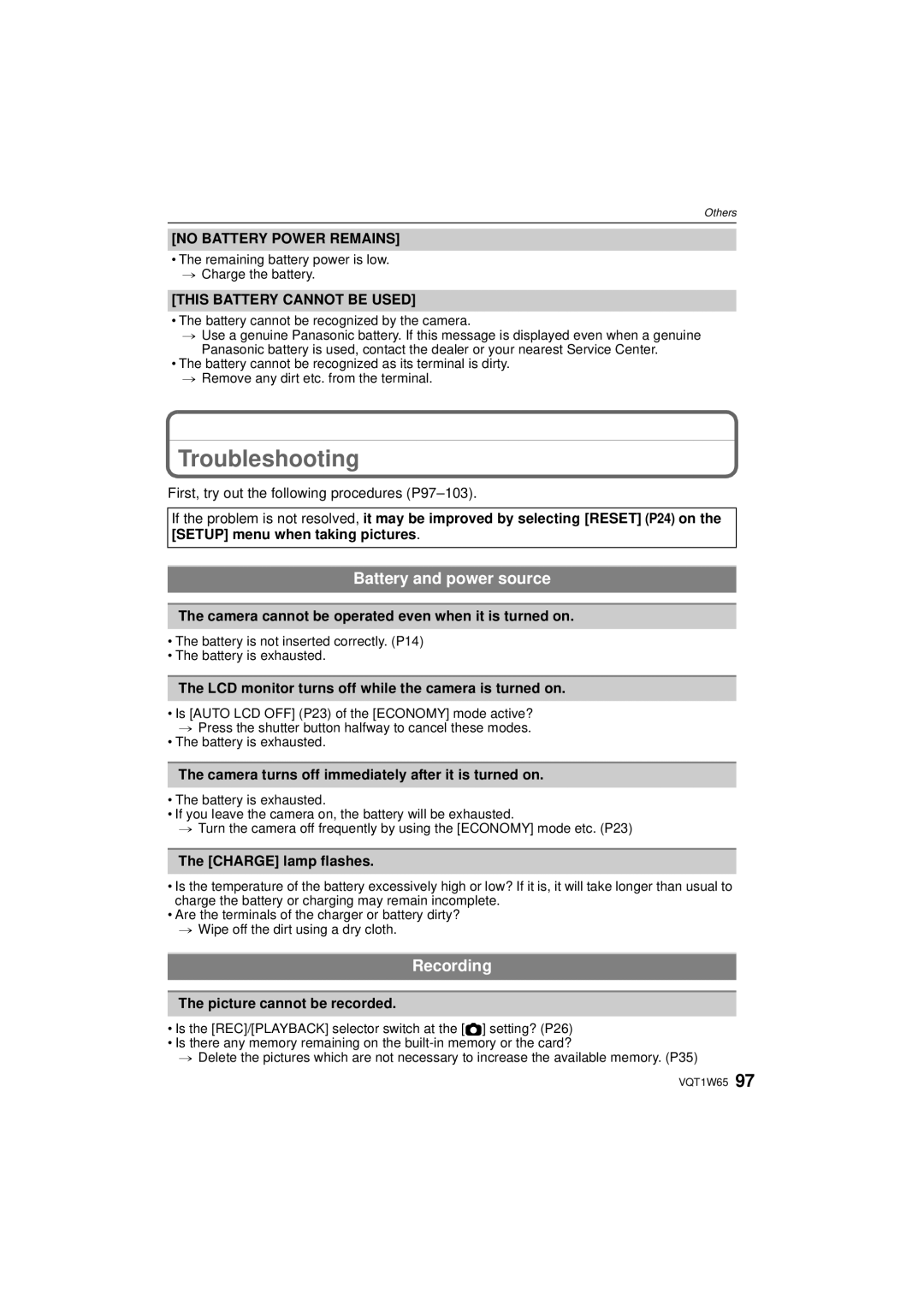 Panasonic DMC-FS25 operating instructions Troubleshooting, Battery and power source, Recording, No Battery Power Remains 