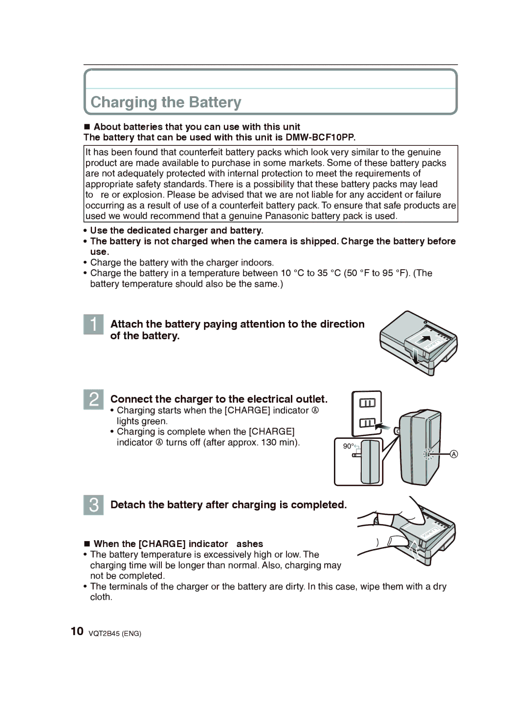 Panasonic DMC-FS42 operating instructions Charging the Battery, Attach the battery paying attention to the direction 