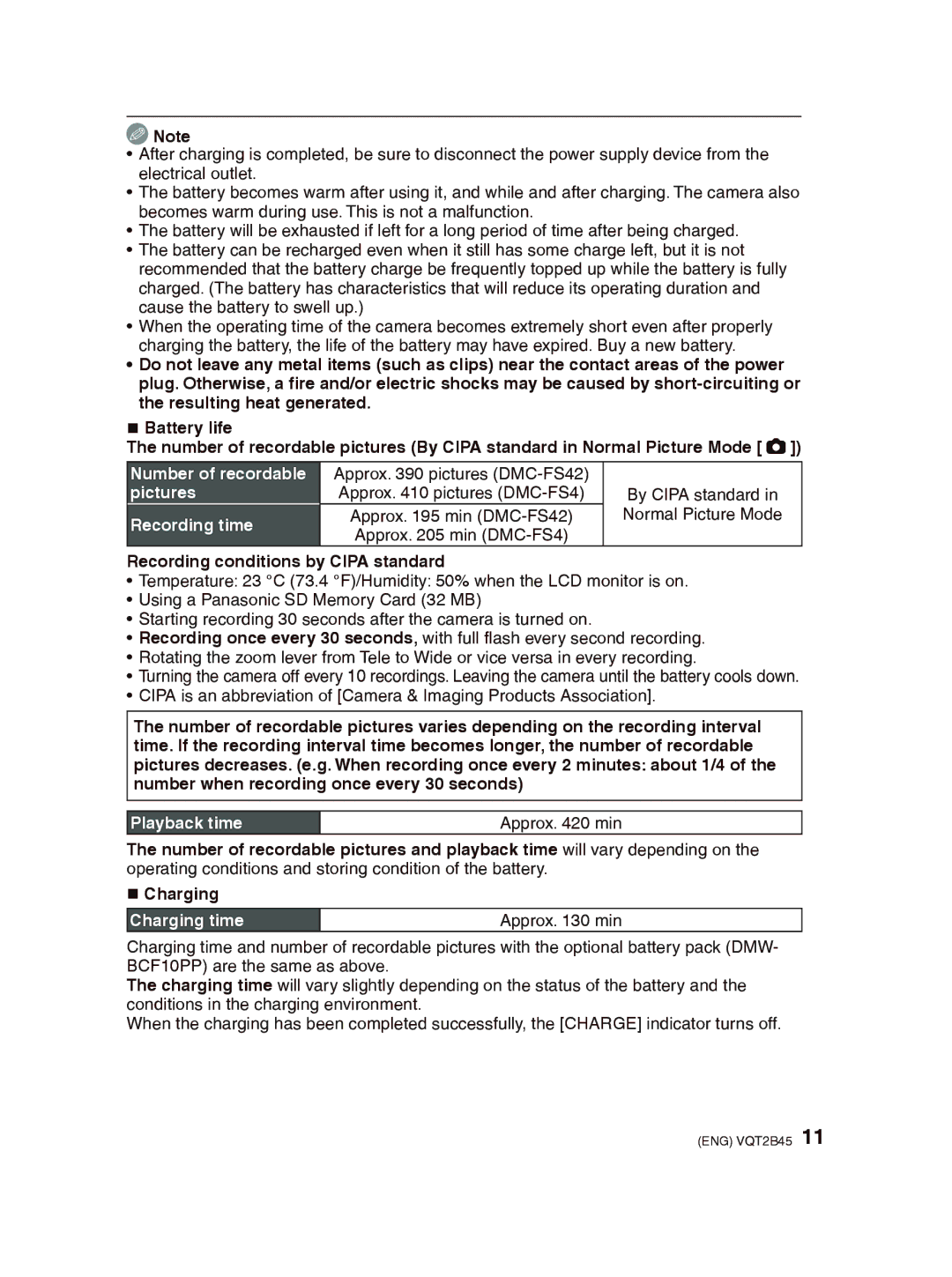 Panasonic DMC-FS42 Number of recordable pictures Recording time, Recording conditions by Cipa standard 