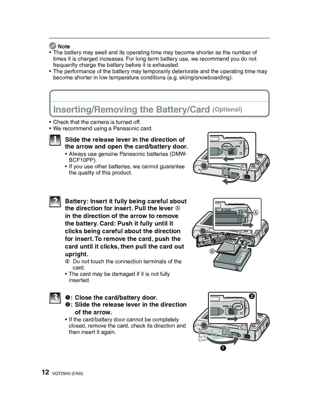 Panasonic DMC-FS42 Inserting/Removing the Battery/Card Optional, Slide the release lever in the direction 