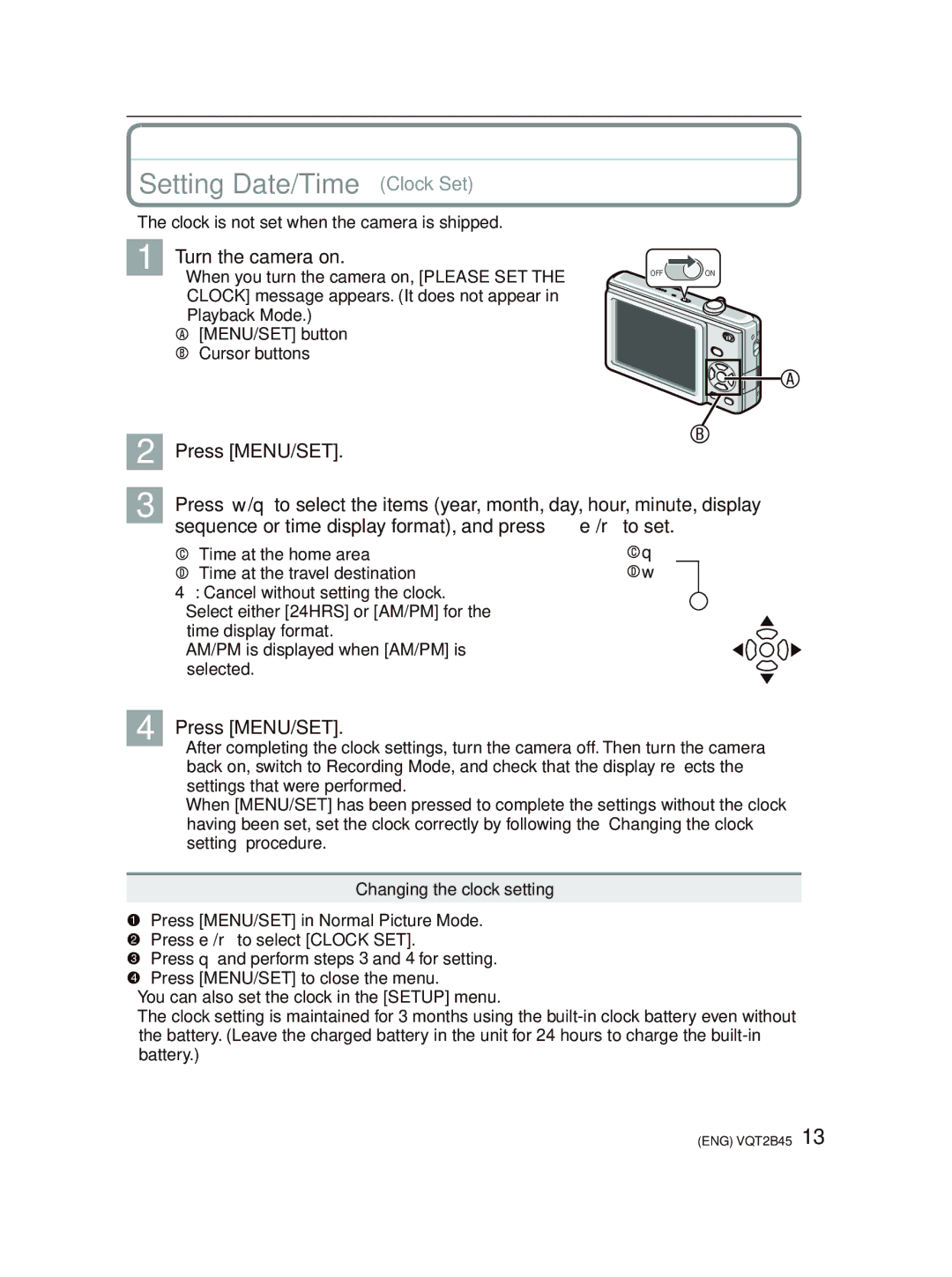 Panasonic DMC-FS42 Setting Date/Time Clock Set, Turn the camera on, Press MENU/SET, Changing the clock setting 