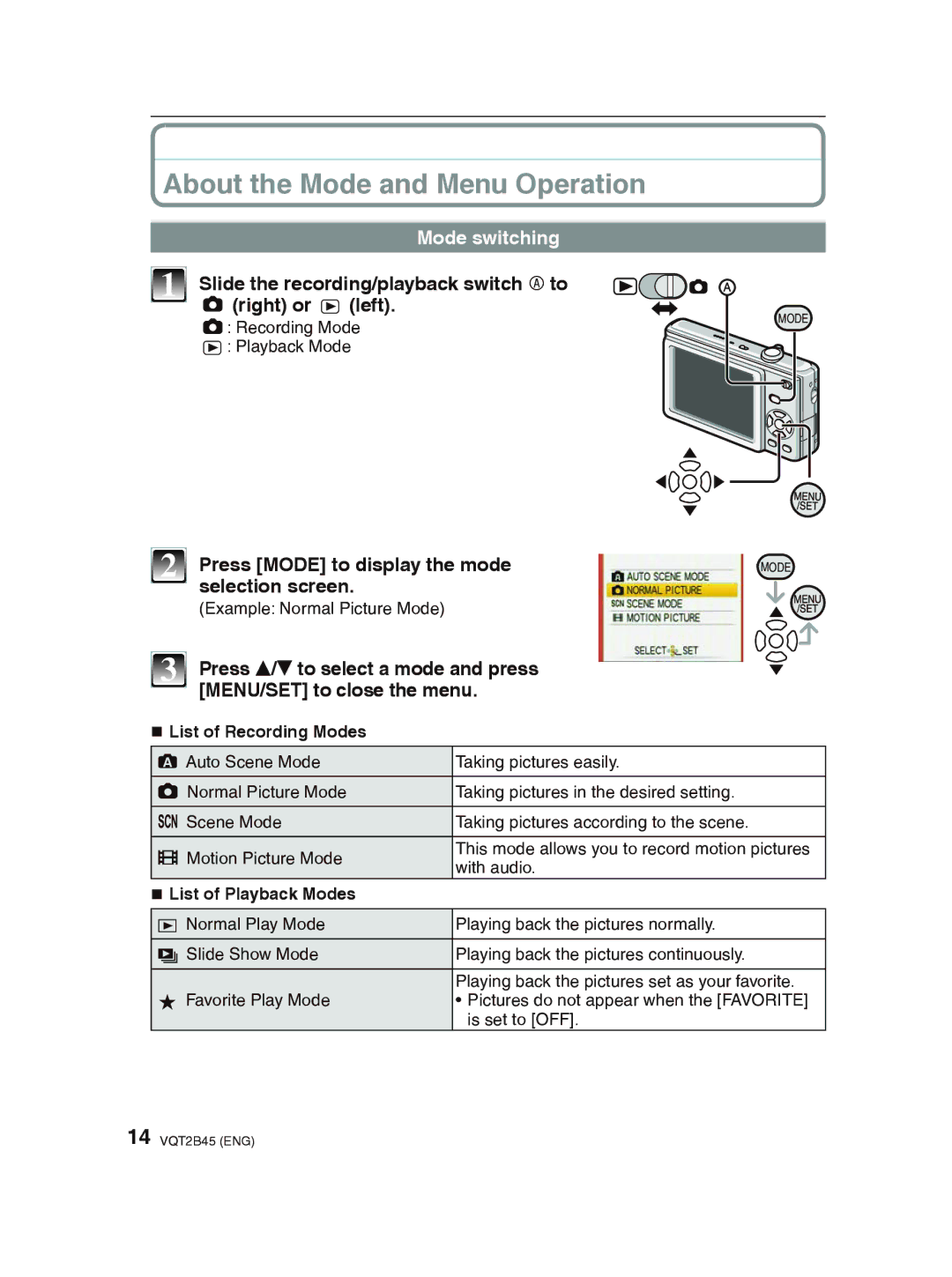 Panasonic DMC-FS42 operating instructions About the Mode and Menu Operation, Mode switching 