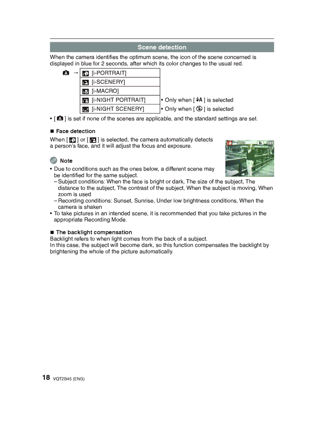 Panasonic DMC-FS42 operating instructions Scene detection, „ Face detection, „ The backlight compensation 