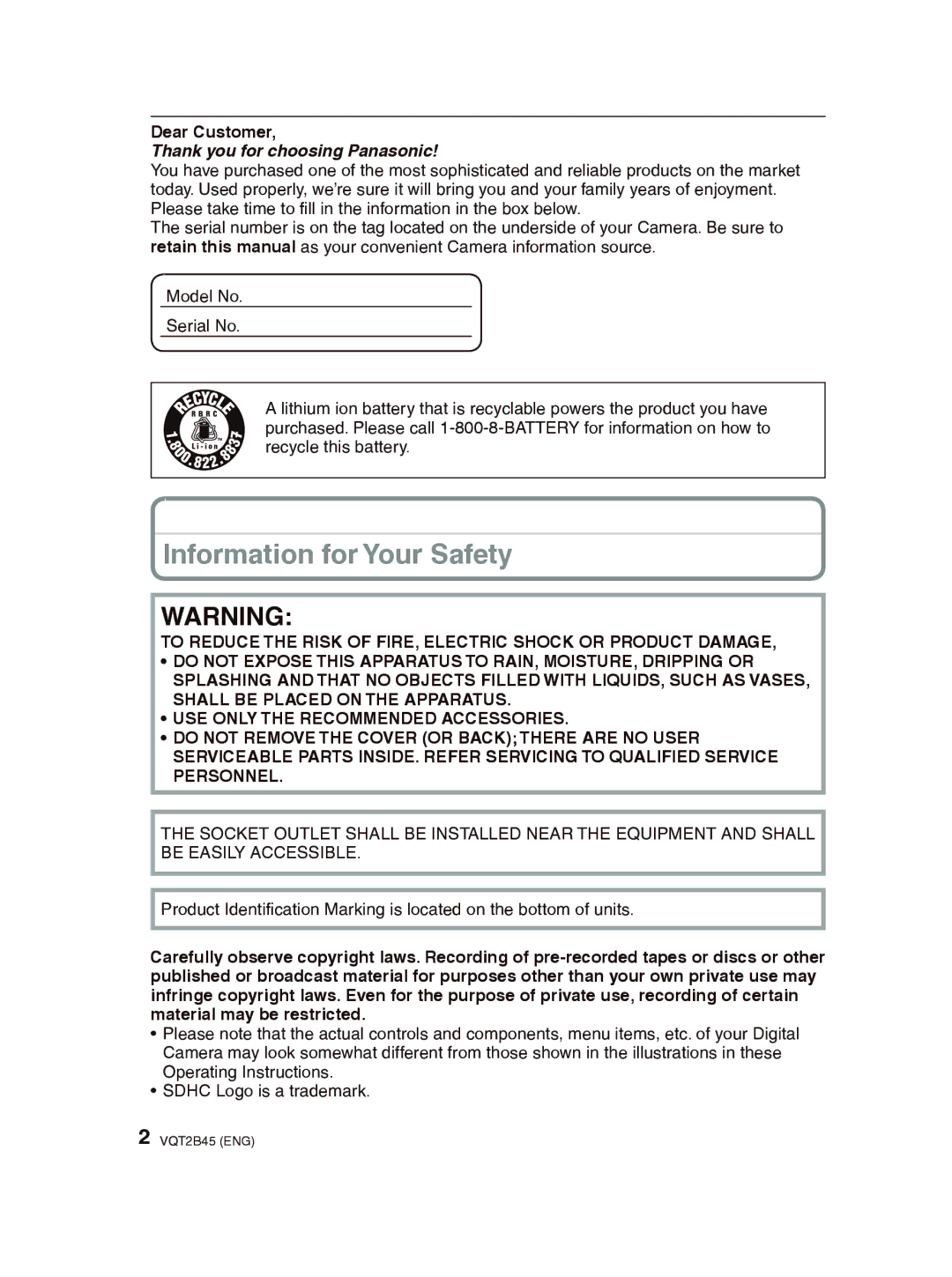 Panasonic DMC-FS42 operating instructions Information for Your Safety, Dear Customer 