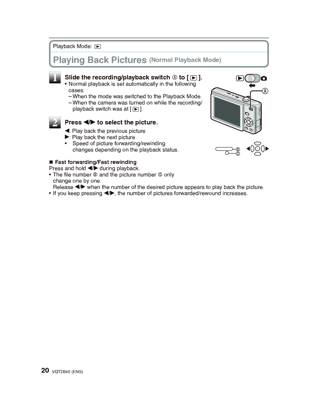 Panasonic DMC-FS42 Playing Back Pictures Normal Playback Mode, Slide the recording/playback switch a to 