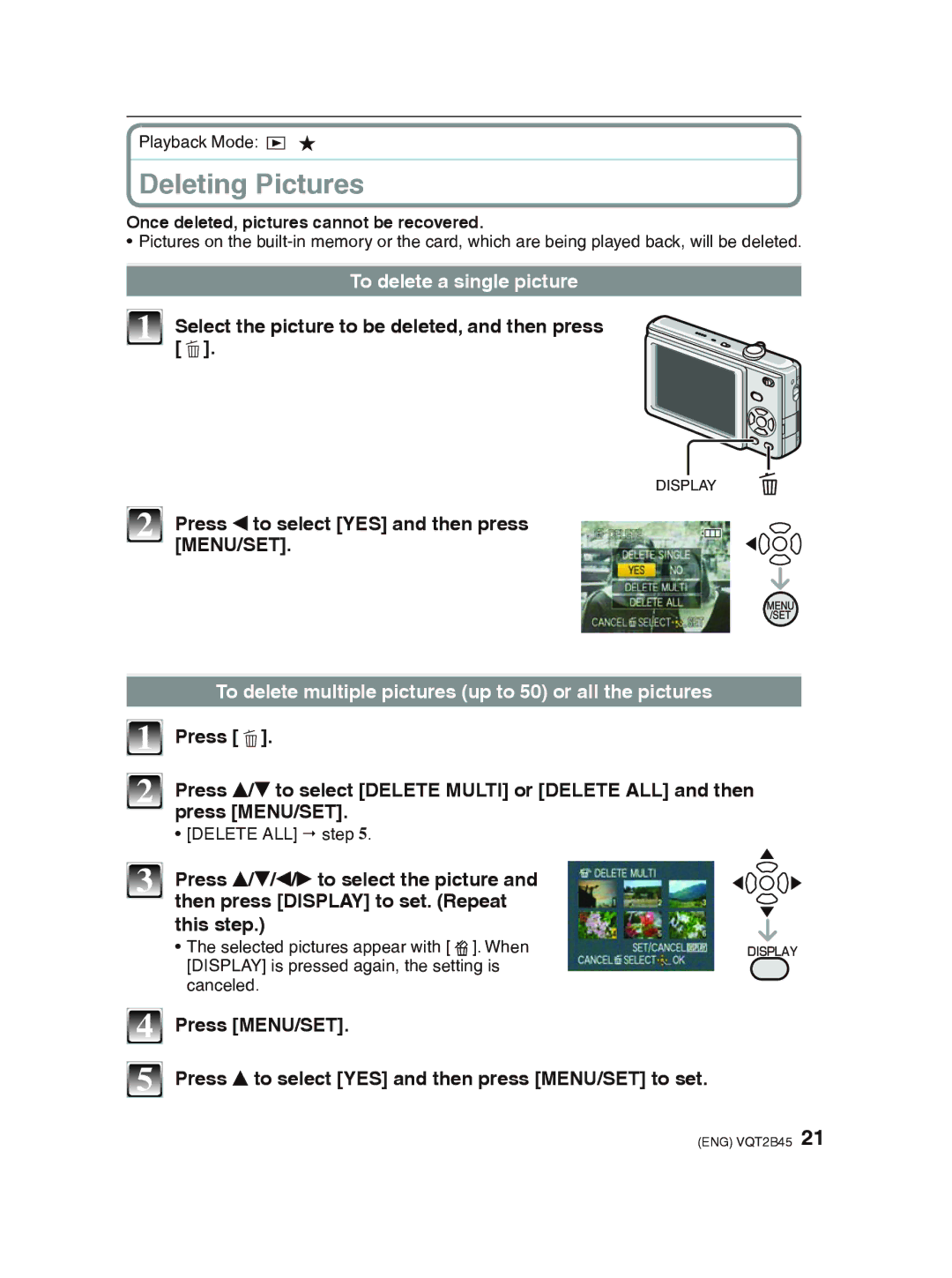 Panasonic DMC-FS4 Deleting Pictures, To delete a single picture, Select the picture to be deleted, and then press 