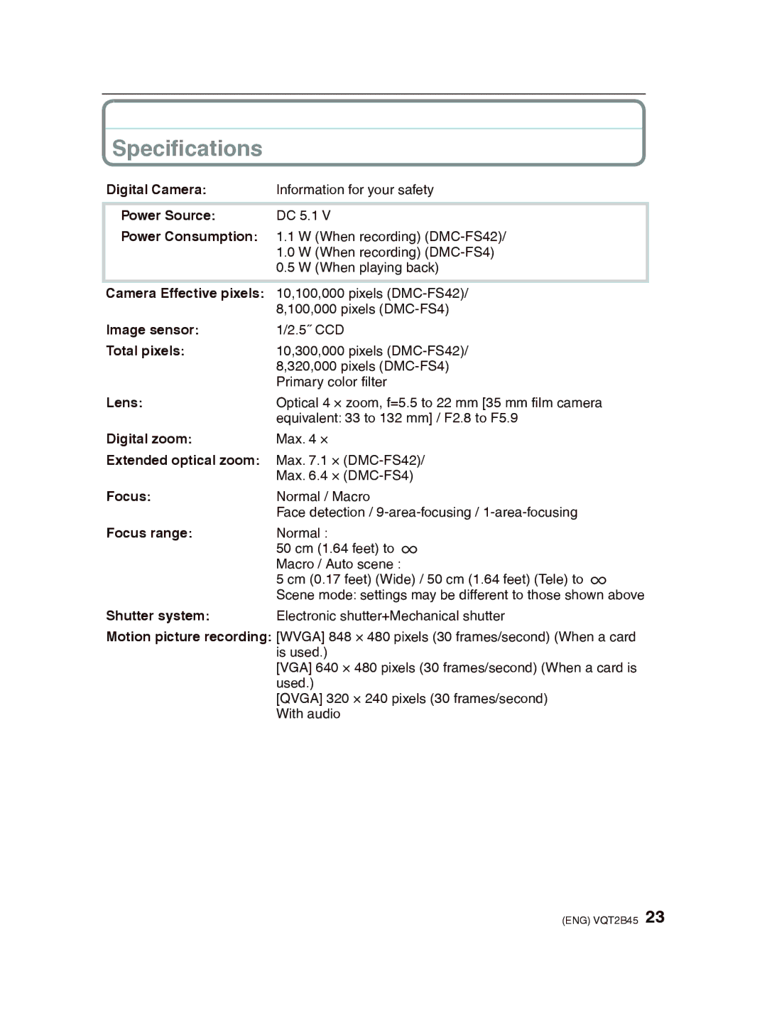 Panasonic DMC-FS42 operating instructions Speciﬁcations 