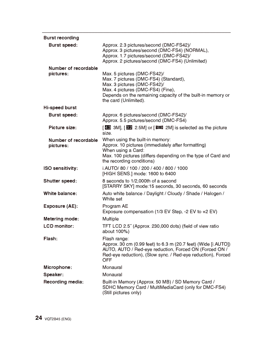 Panasonic DMC-FS42 Burst recording, Hi-speed burst, Picture size Number of recordable pictures, ISO sensitivity, Flash 