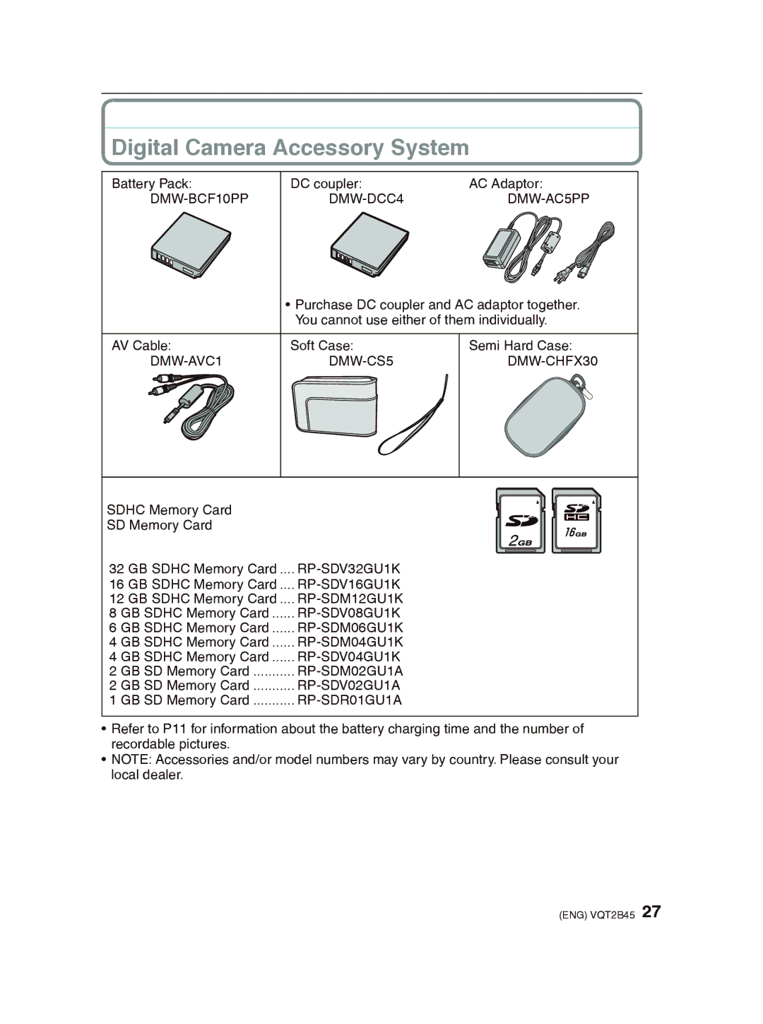 Panasonic DMC-FS42 operating instructions Digital Camera Accessory System, DMW-BCF10PP DMW-DCC4 DMW-AC5PP 