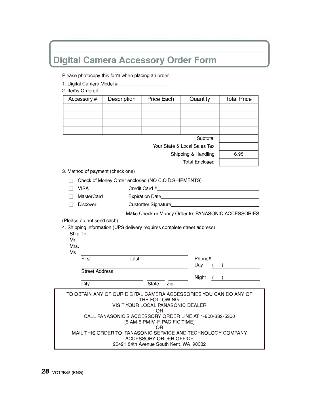 Panasonic DMC-FS42 Digital Camera Accessory Order Form, Accessory # Description Price Each Quantity Total Price 