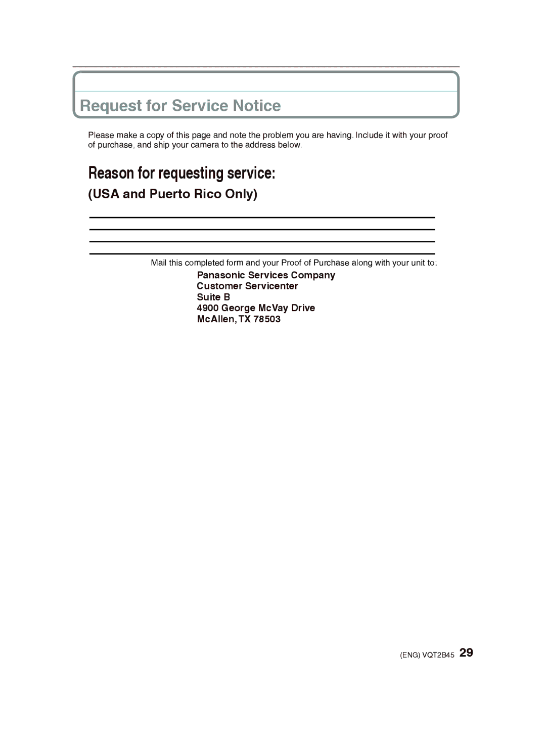 Panasonic DMC-FS42 operating instructions Reason for requesting service, Request for Service Notice 