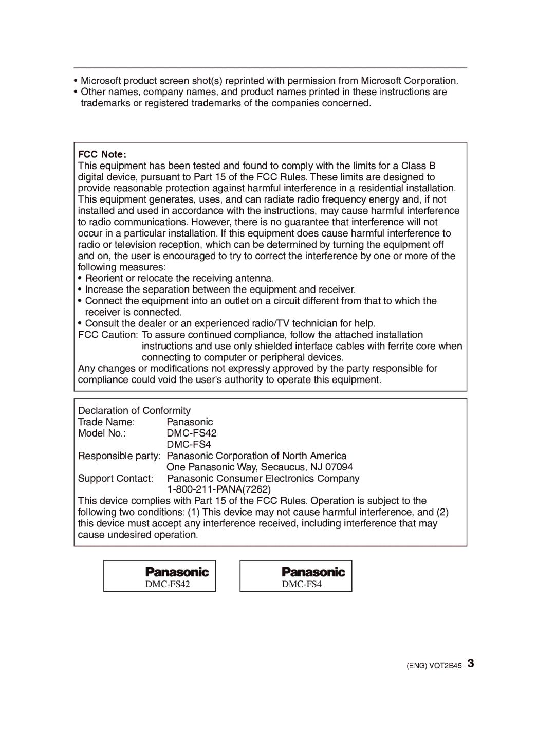 Panasonic DMC-FS42 operating instructions FCC Note 